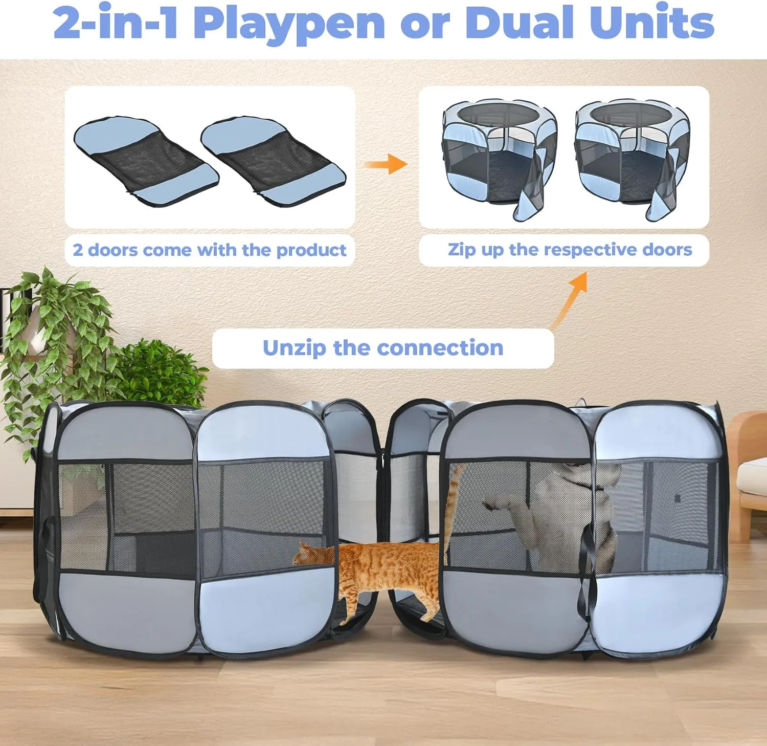2-in-1 XLarge Cat Playpen, Detachable into 2 Separate Playpens with Additional 2 Doors, with Pee Pads, Portable Dog Playpen Cat Tent Enclosure for Kitten and Puppy Indoor Outdoor Use(M, 72"x36''x24H)