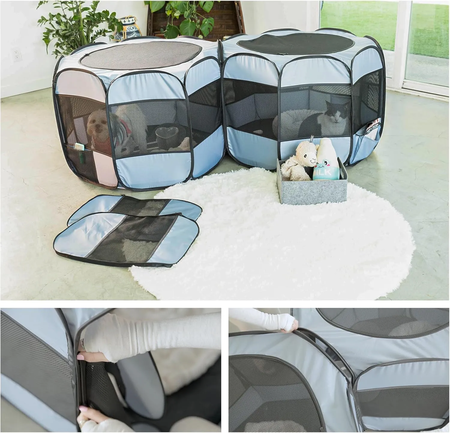 2-in-1 XLarge Cat Playpen, Detachable into 2 Separate Playpens with Additional 2 Doors, with Pee Pads, Portable Dog Playpen Cat Tent Enclosure for Kitten and Puppy Indoor Outdoor Use(M, 72"x36''x24H)