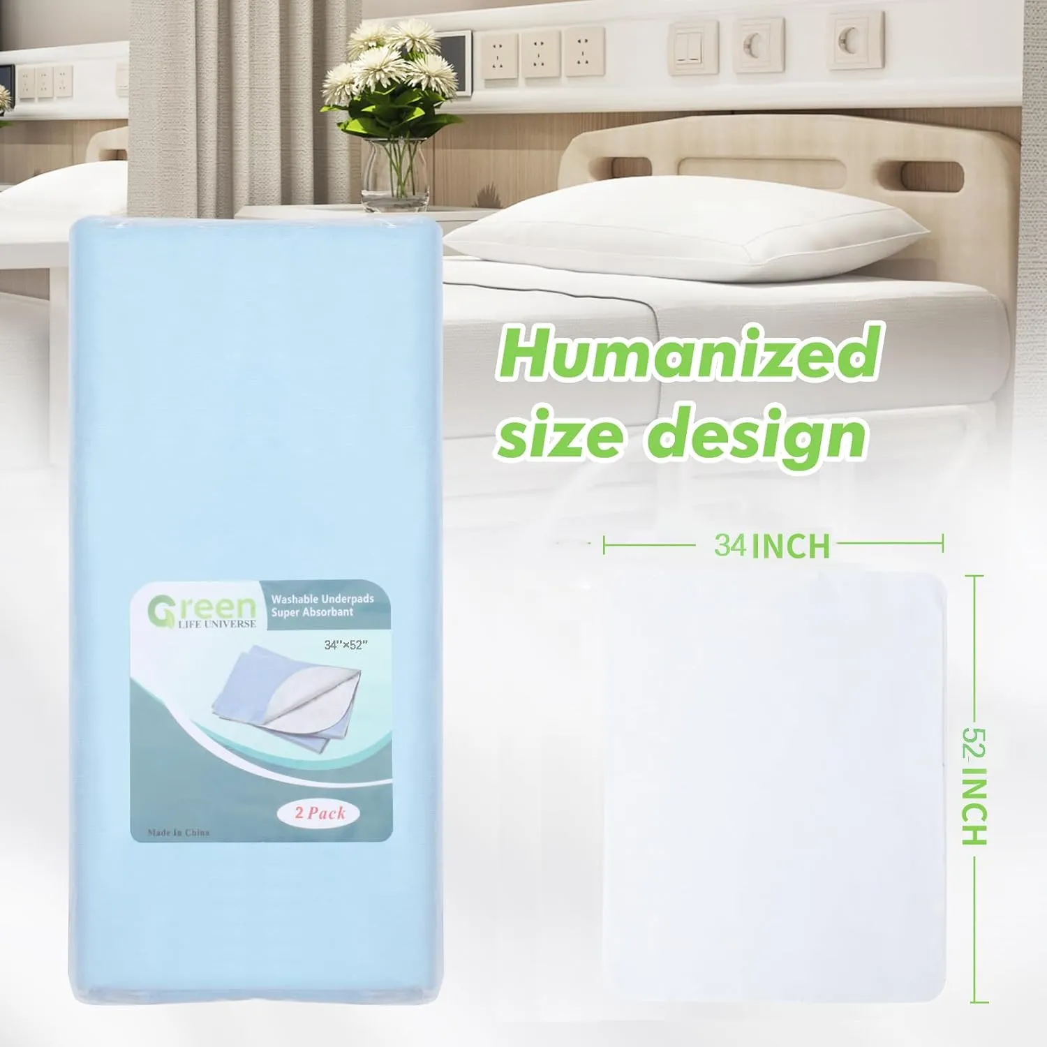 2 Pack Incontinence Bed Pad Waterproof Underpads Washable Reusable Pet Training Soft Adult Senior, 34"x52"