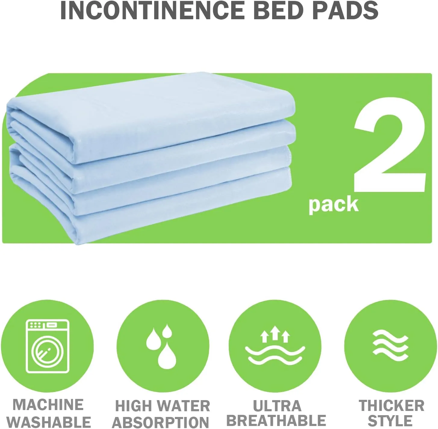 2 Pack Incontinence Bed Pad Waterproof Underpads Washable Reusable Pet Training Soft Adult Senior, 34"x52"