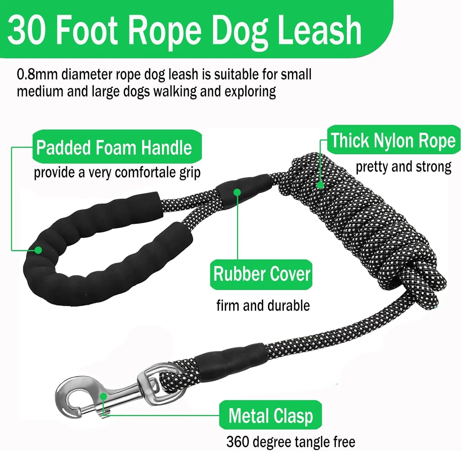30FT Long Leash for Dogs,Heavy Duty Reflective Long Dog Leash with Swivel Hook and Comfortable Padded Handle for Large Medium Small Pets