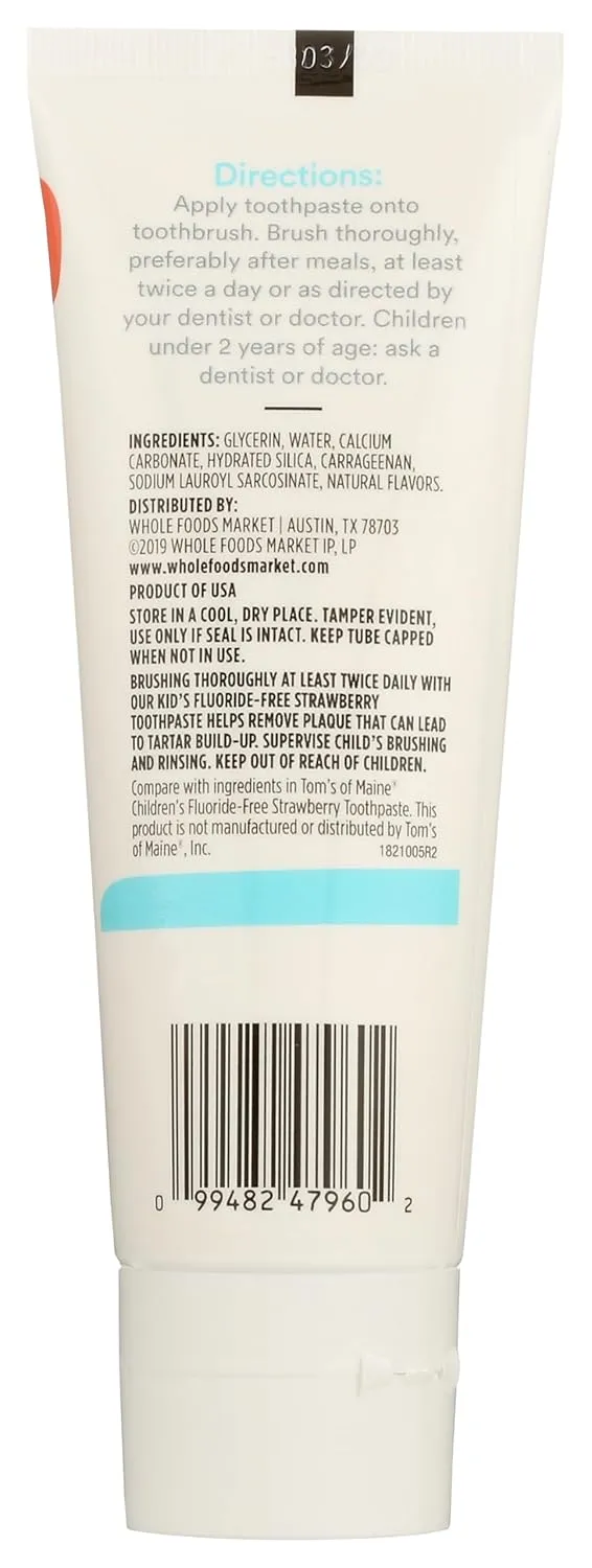 365 by Whole Foods Market, Kid's Fluoride-Free Toothpaste, Strawberry, 4.2 Ounce