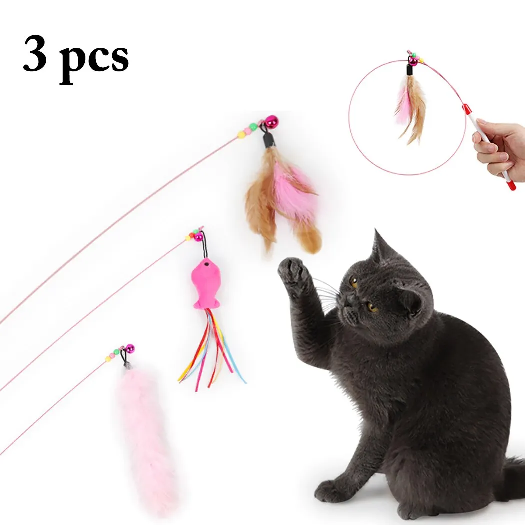 3PCS New High Toughness Two-Color Feather Wire Funny Cat Stick Toy Solid Color Long Feather Interactive Feather Cat Training Toy