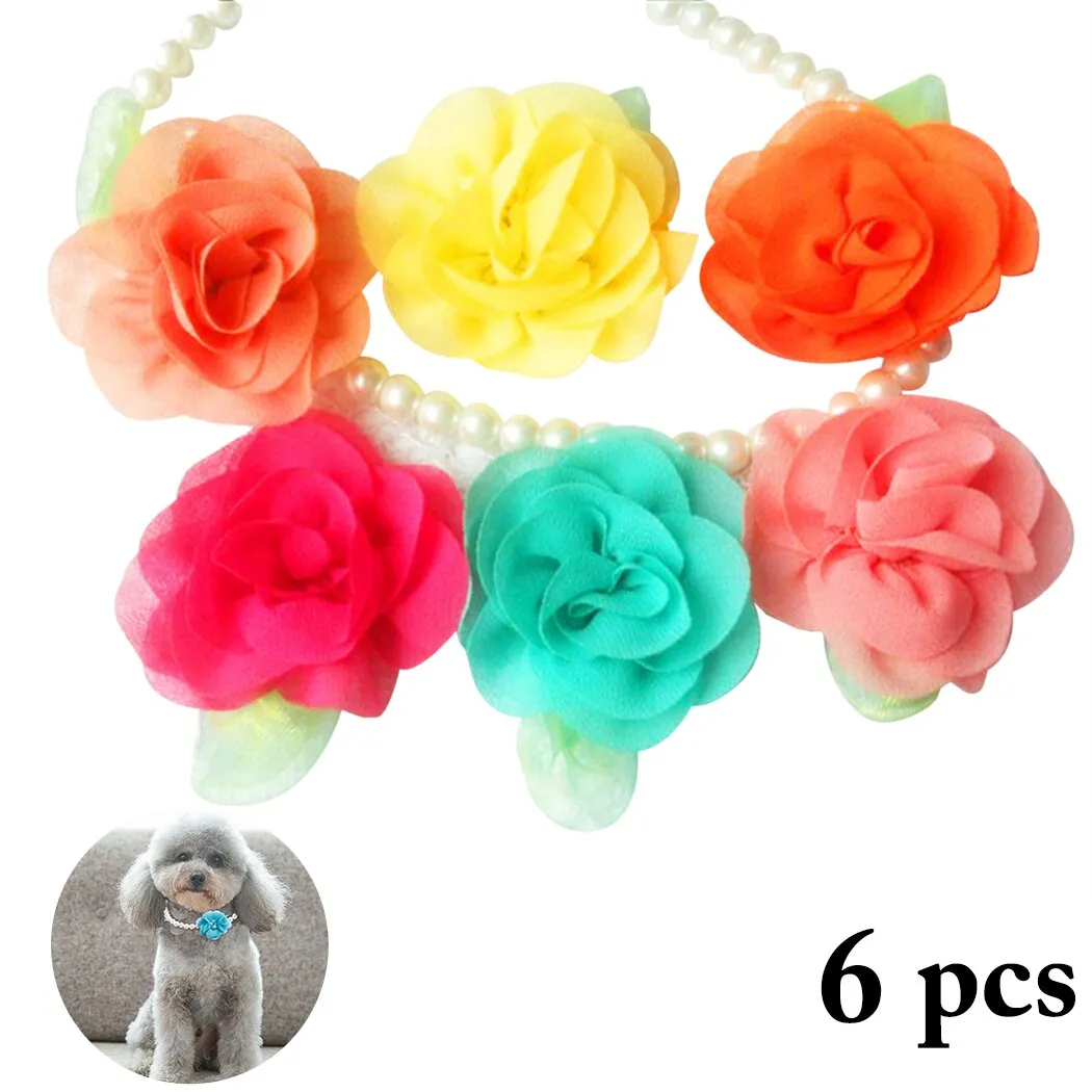 6pcs Pet Collars Decorative Cloth Flower Fake Pearl Dog Collar Cat Collar Elegant Clothing Accessories Pet Supplies For Party