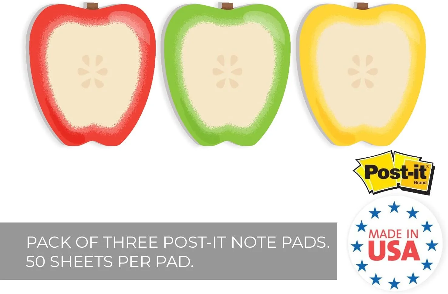 Apple Shaped Sticky Note Pad Assortment / 2 7/8 x 3 1/4 Modern Sticky Notes/Set of Three Teacher Appreciation Sticky Note Pad Designs/Made in USA