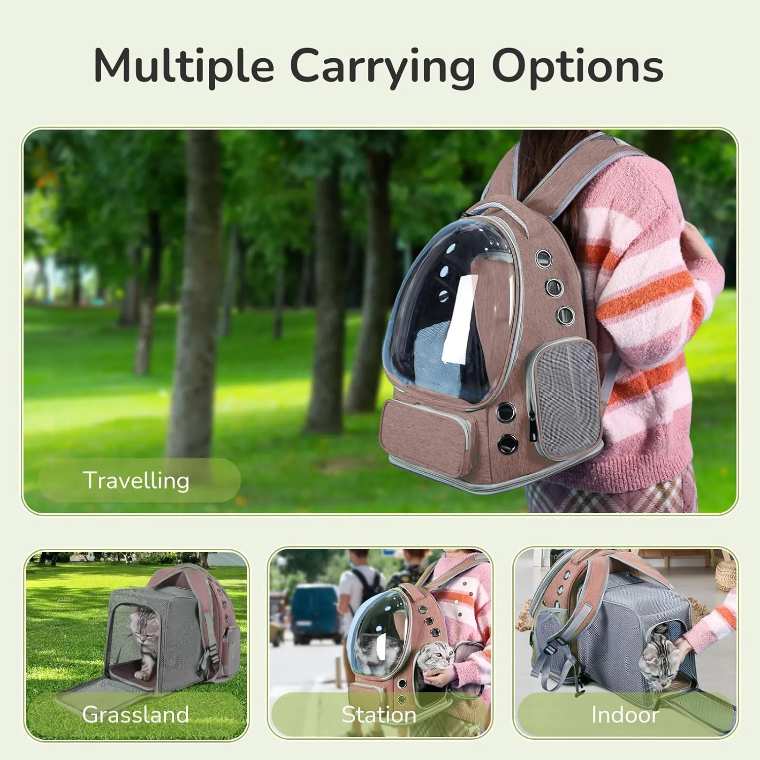 Cat Backpack Carrier for Large Cats, Expandable Cat Bubble Backpack, Dog Carriers for Small Medium Dogs, Airline Approved Pet Carrier for Travel Hiking Outdoor(Khaki)