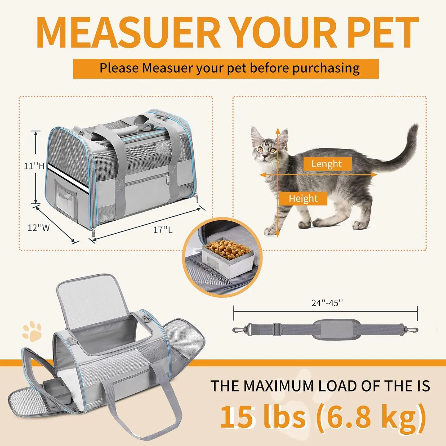 Cat Carrier Dog Carrier TSA Airline Approved for Small Dogs Cats Under 15 lbs, Collapsible Soft Sided Travel Pet Carrier for Puppy Kitten, Light Grey