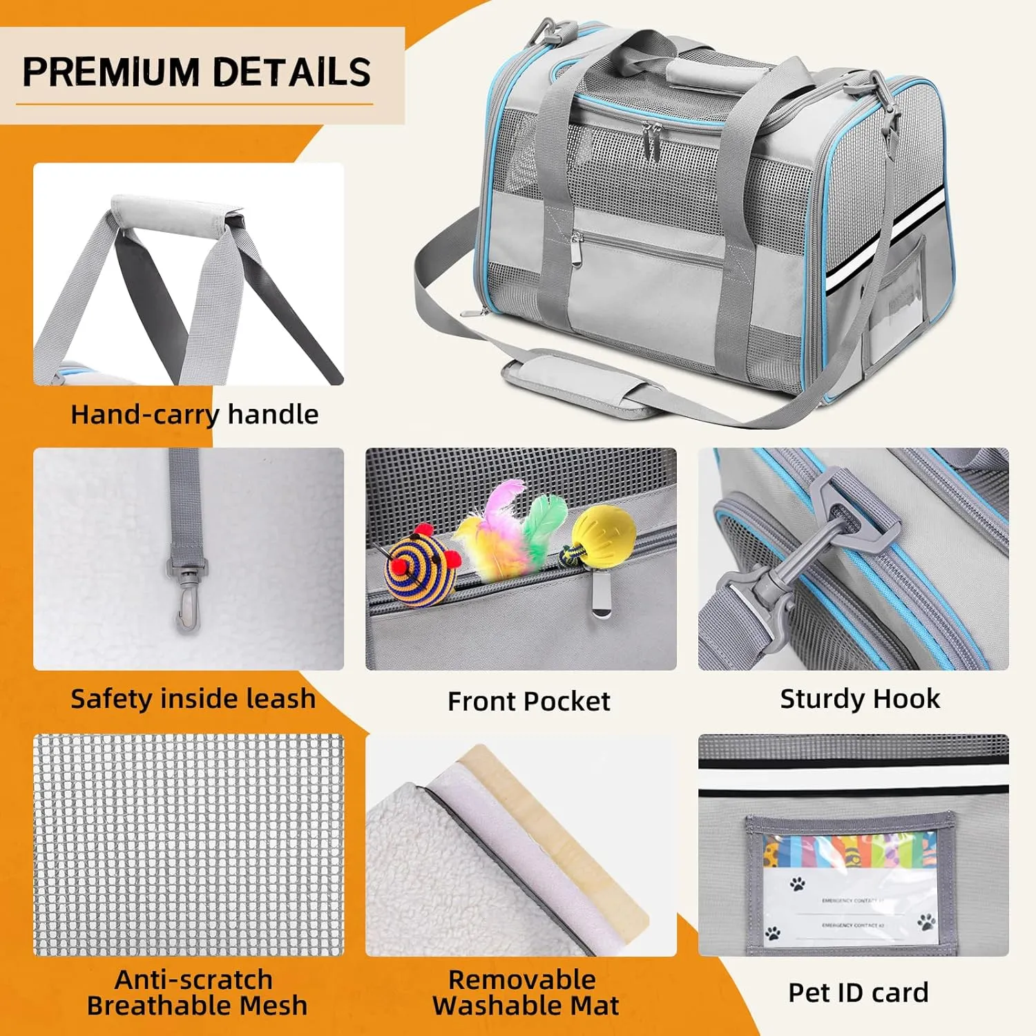 Cat Carrier Dog Carrier TSA Airline Approved for Small Dogs Cats Under 15 lbs, Collapsible Soft Sided Travel Pet Carrier for Puppy Kitten, Light Grey