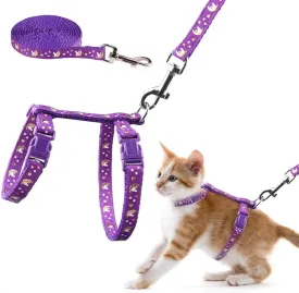 Cat Harness and Leash Set Gold Moons Soft Nylon Escape Proof Adjustable for Kittens Small Animals Glow in The Dark(Purple)