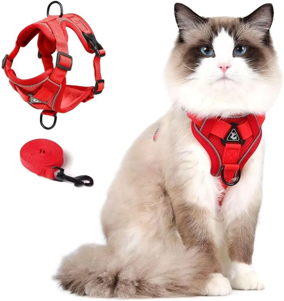 Cat Harness and Leash Set, Upgraded Escape Proof Vest with Lead for Large Cat Small Dog Puppy Walking, Soft Jacket with Reflective Strips L Size Red