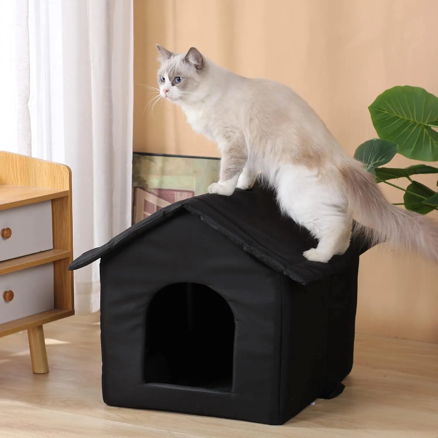Cat Houses for Outdoor Cats, Weatherproof Outdoor House for Feral Cats, Warm Stable Stray Cats Shelter in Winter Black Large