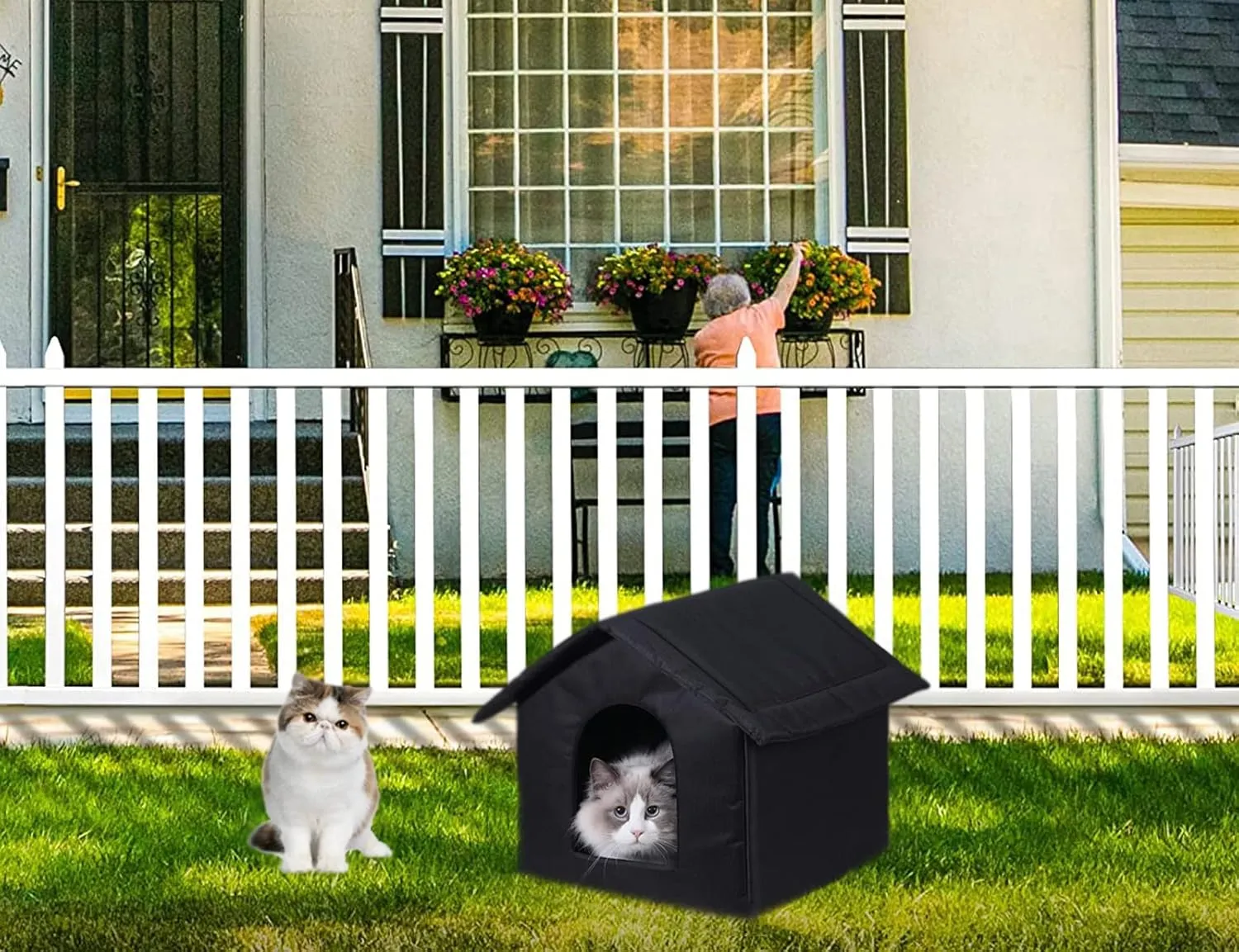 Cat Houses for Outdoor Cats, Weatherproof Outdoor House for Feral Cats, Warm Stable Stray Cats Shelter in Winter Black Large