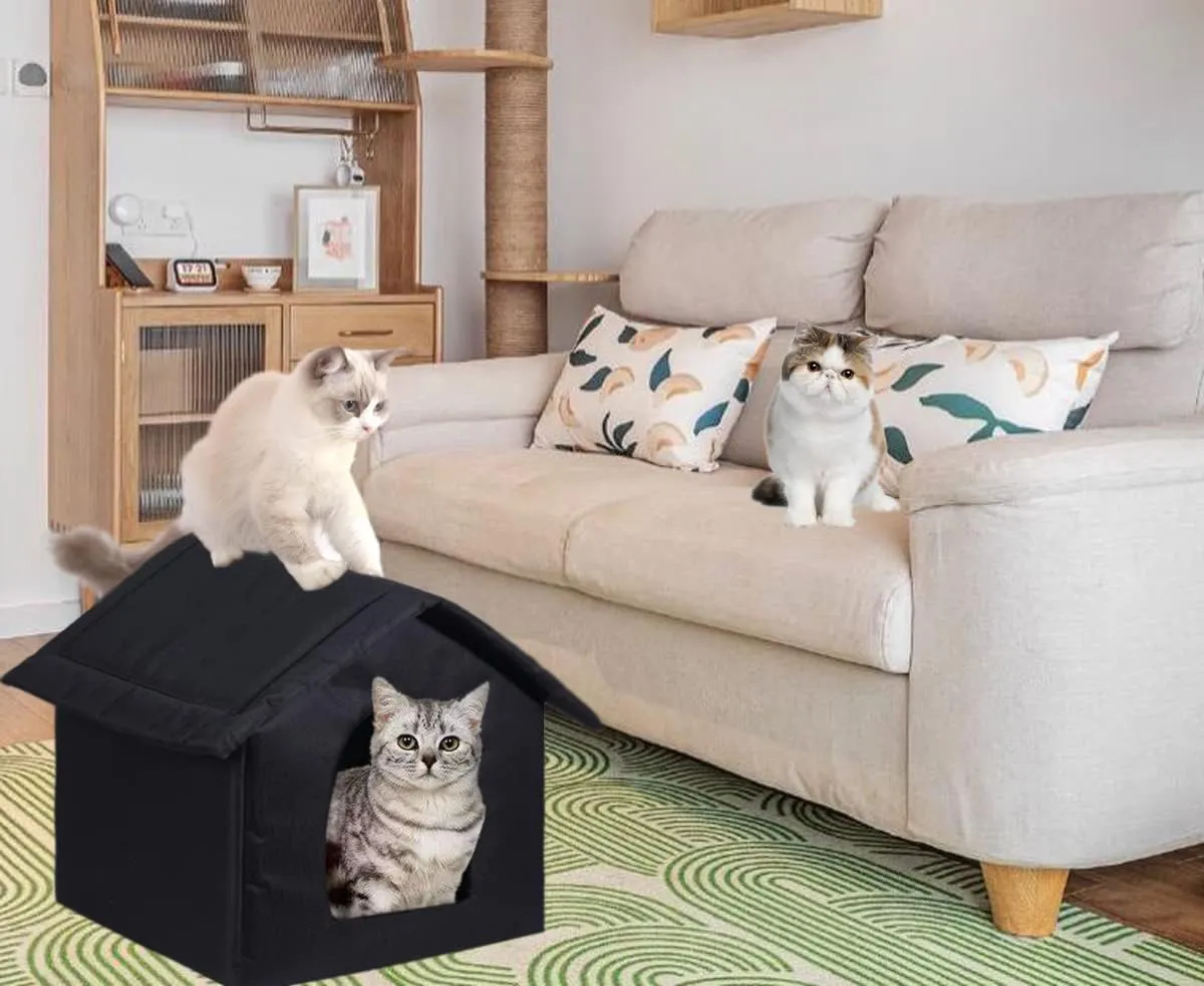 Cat Houses for Outdoor Cats, Weatherproof Outdoor House for Feral Cats, Warm Stable Stray Cats Shelter in Winter Black Large
