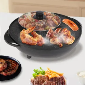 DHBREK Grill Circular Edition Hotpot Grill Combo Indoor Korean BBQ, Shabu Shabu Electric Hot Pot with Divider, Portable with Free Strainer Scoops, Extra Long Chopsticks, Tongs, Cloths, Smokeless Grill