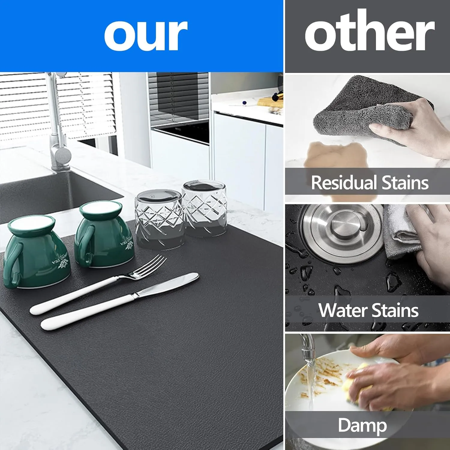 Dish Drying Mat for Kitchen Counter,Dish Drying Pad with Non-slip Rubber Backed, Hide Stain Anti Absorbent for Kitchen Counter, Drying Mat for Coffee Machine Dish Rack. (Dark grey big, 16" x 24")