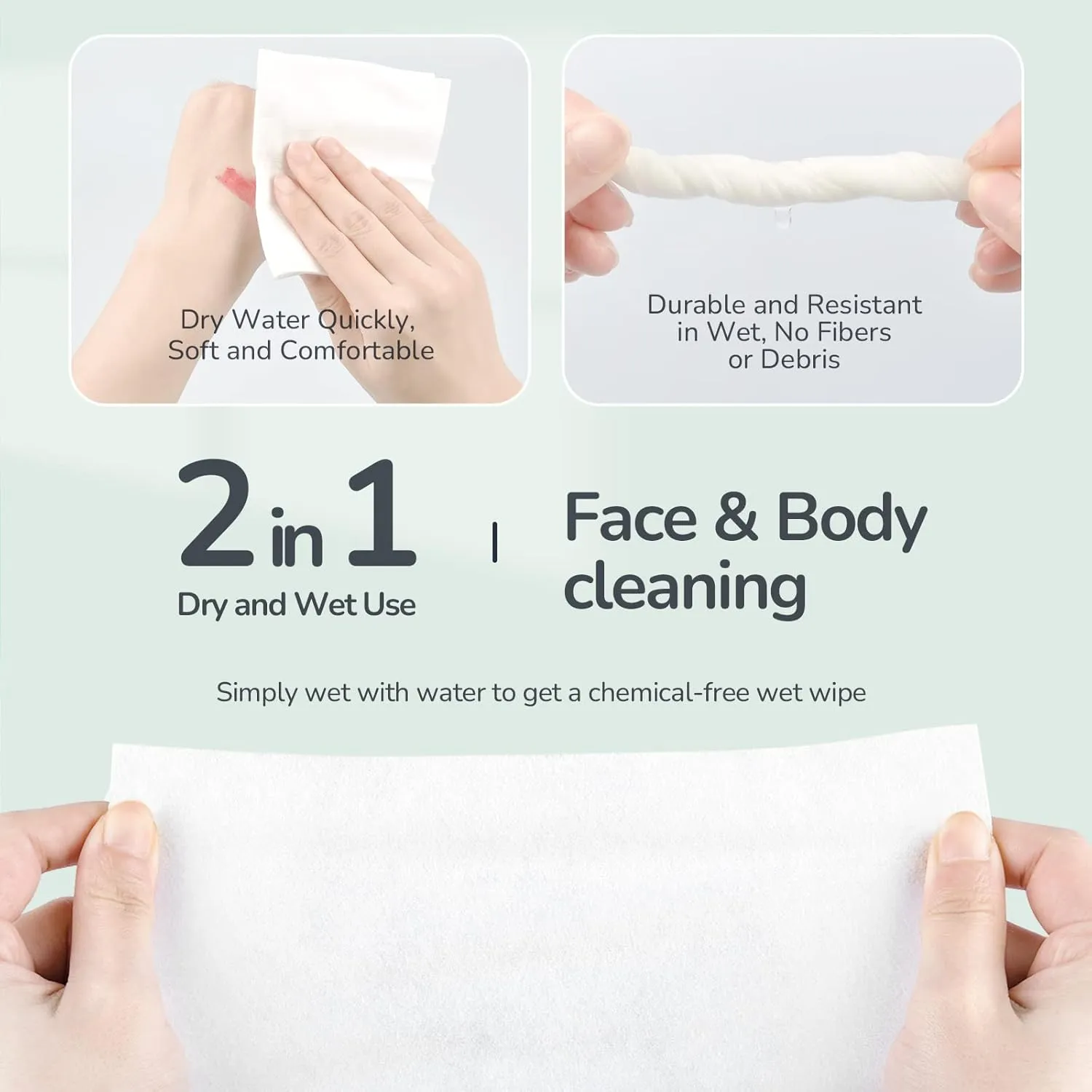 Disposable Face Towel, Ultra Soft Large Cotton Tissue, Unscented Chemical Free 300 Count, Dry and Wet Use Cleansing Wipe for Baby Adult Sensitive Skin, Lint Free Makeup Remover Wipe