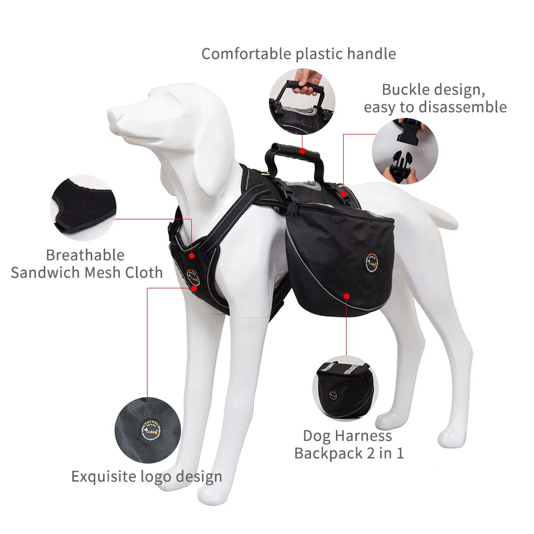 Dog Backpack Harness Saddle Bag Reflective Travel Hiking Pet Adjustable Carrier