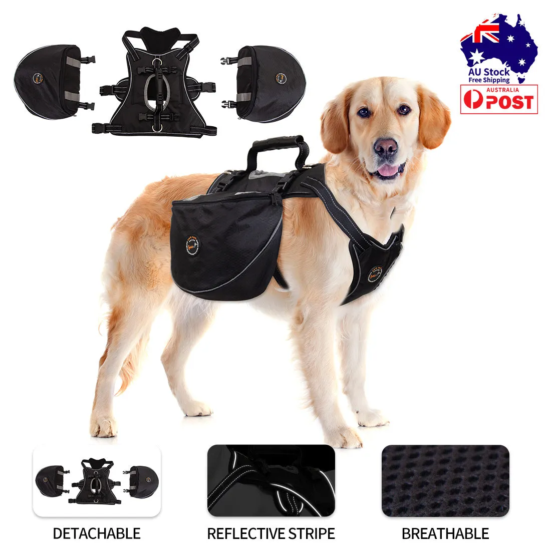Dog Backpack Harness Saddle Bag Reflective Travel Hiking Pet Adjustable Carrier
