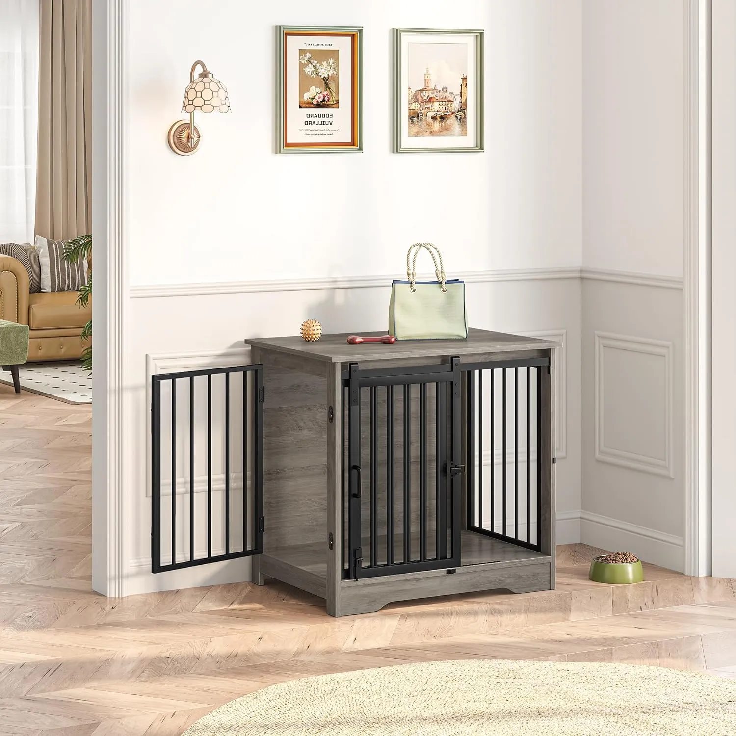 Dog Crate Furniture, 27.2" Double Door Dog Crate with Barn Door, Dog Kennel Indoor, End Side Table Wooden Dog Crate for Small Medium Dog, Anti-Chew Anti-Escape, Greige DFC84305B