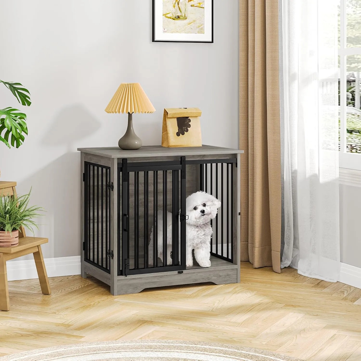 Dog Crate Furniture, 27.2" Double Door Dog Crate with Barn Door, Dog Kennel Indoor, End Side Table Wooden Dog Crate for Small Medium Dog, Anti-Chew Anti-Escape, Greige DFC84305B