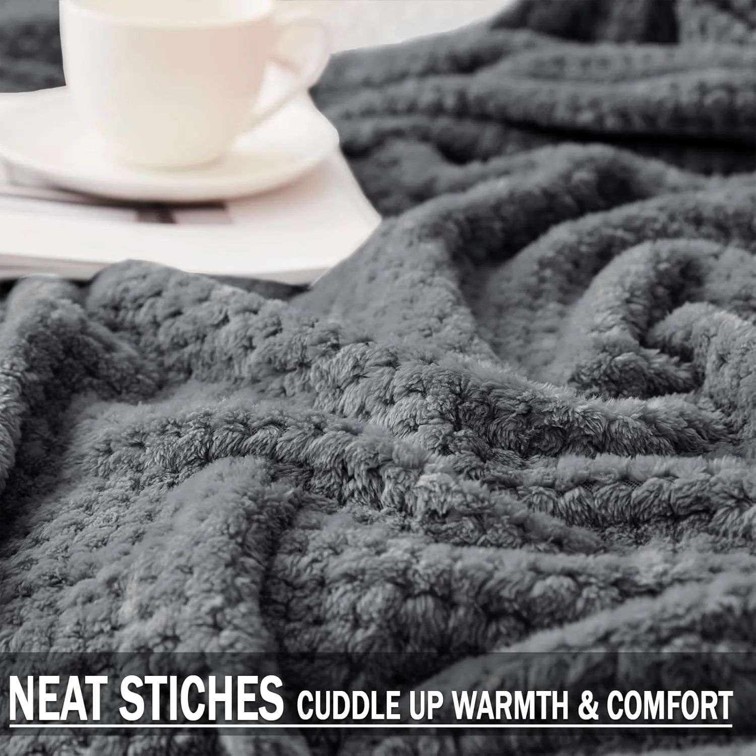 Exclusivo Mezcla Fleece Throw Blanket Extra Large, Super Soft and Warm Blankets for Couch, Sofa and Bed Waffle Textured, Cozy, Fuzzy and Lightweight (Dark Grey, 50x70 Inches)