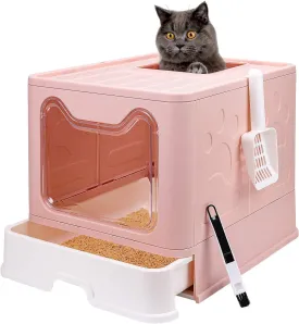 Foldable Cat Litter Box with Lid, Enclosed Potty, Large Top Entry Anti-Splashing Toilet, Easy to Clean Including Litter Scoop and 2-in-1 Cleaning Brush (Pink)