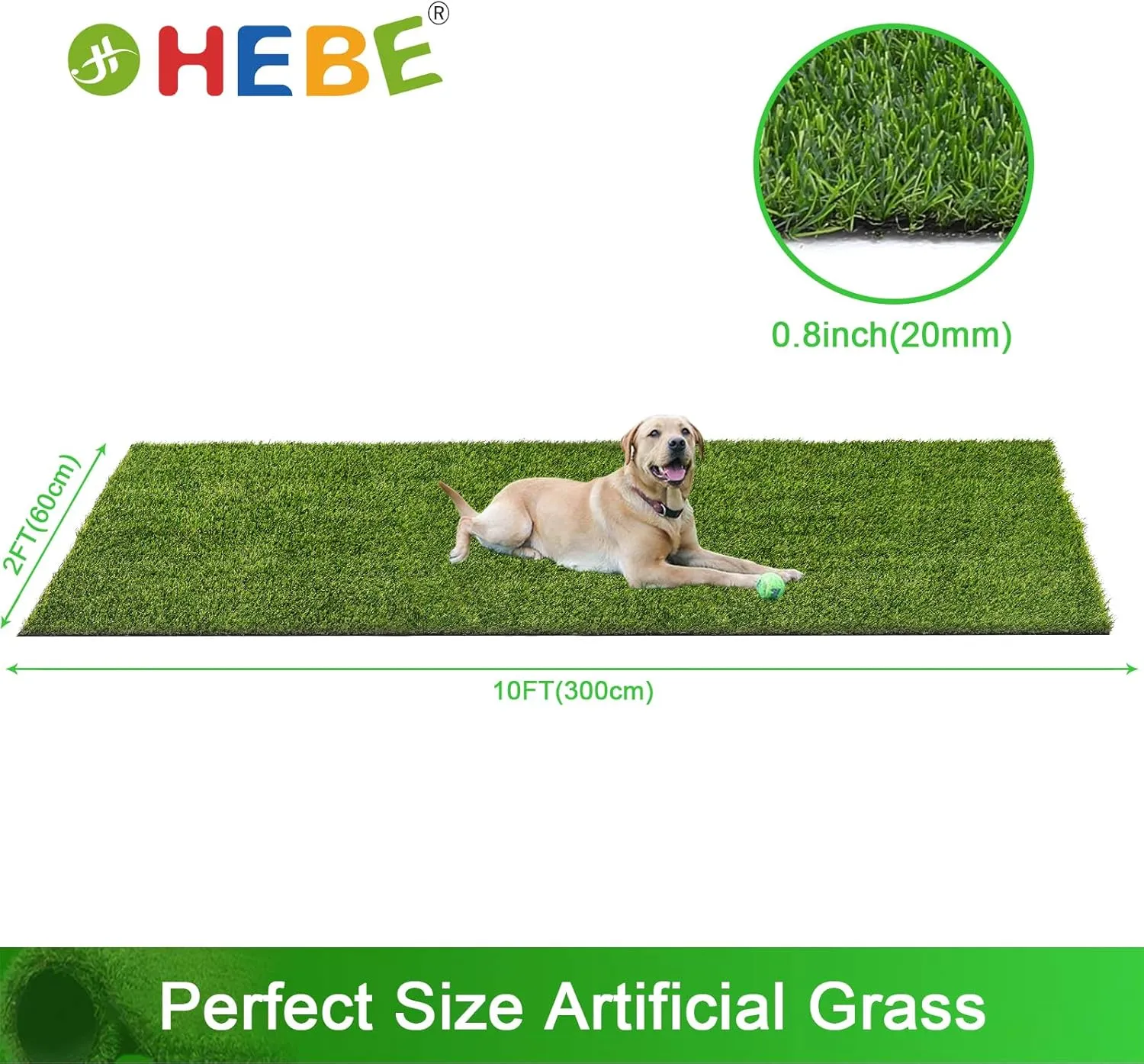 HEBE Artificial Turf Rug,2'x10', Grass Mat with Drainage Hole, Reusable Grass Turf Mat Pee Pad for Dog Potty Training Indoor Outdoor Use