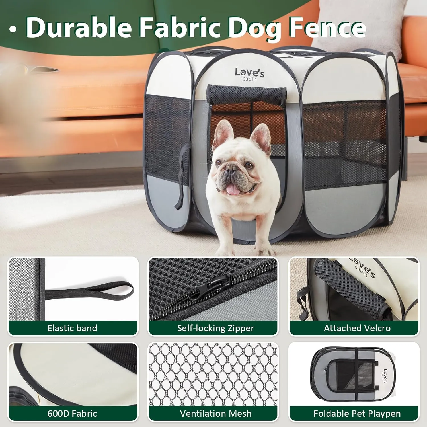 Love's cabin Pet Puppy Dog Playpen, Small Dog Tent Crates Cage Indoor/Outdoor, Portable Playpen for Cat, Foldable Pop Up Dog Kennel Playpen with Carring Case, Removable Zipper Top, Grey