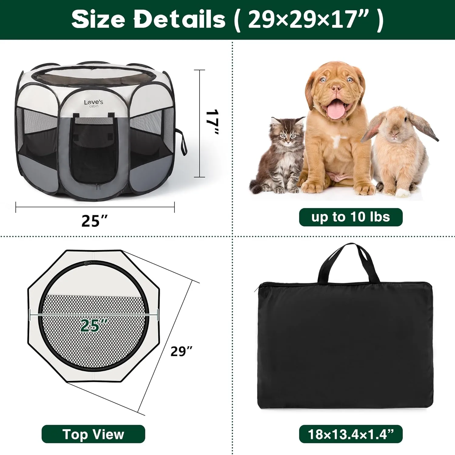 Love's cabin Pet Puppy Dog Playpen, Small Dog Tent Crates Cage Indoor/Outdoor, Portable Playpen for Cat, Foldable Pop Up Dog Kennel Playpen with Carring Case, Removable Zipper Top, Grey