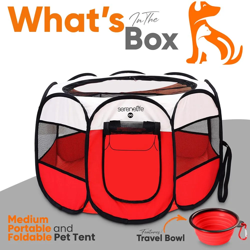 Medium Portable And Foldable Pet Tent - Lightweight, Easily Collapsible, Play Yard Crib For Indoor & Outdoor Use With Portable Folding Pet Bowl (Red)