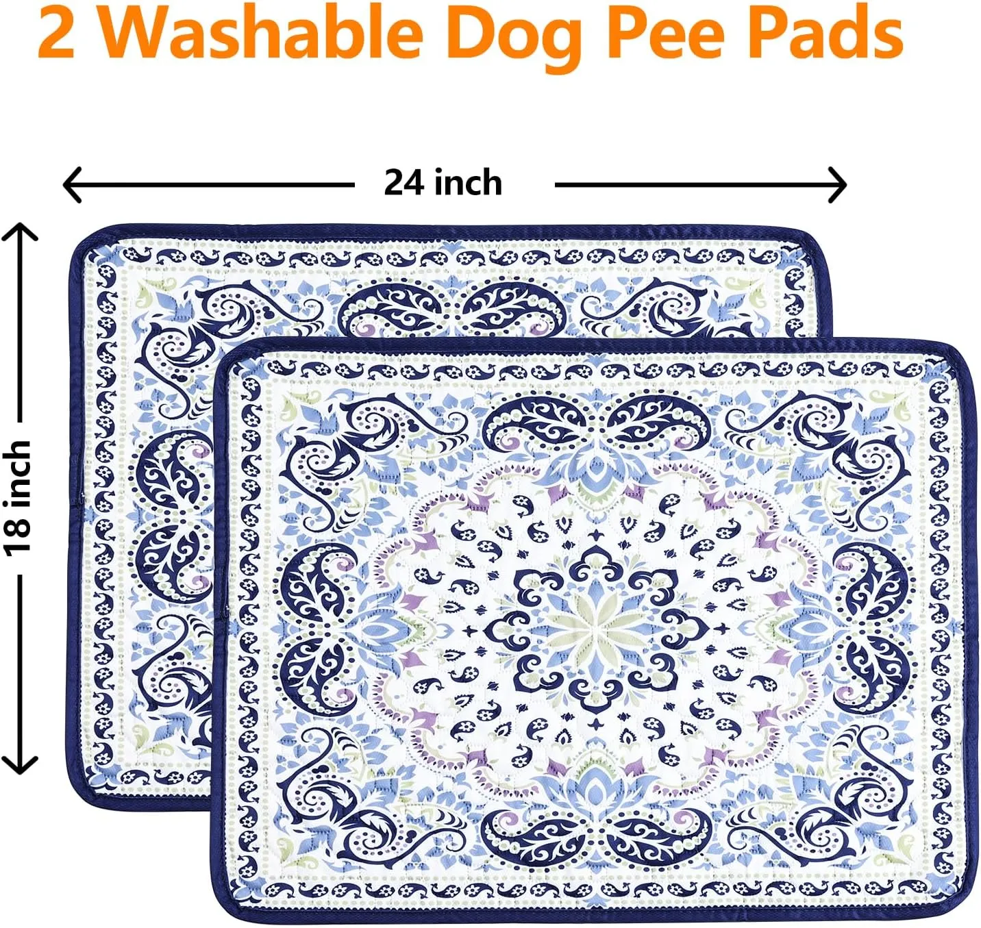 Mozin Washable Pee Pads for Dogs, 2 Pack Super Absorbent Reusable Puppy Pads Waterproof, Leak-Proof & Non-Slip Whelping Pad for Potty Training, Playpens, Crates, Floors, Beds, and Couches 18"x24"