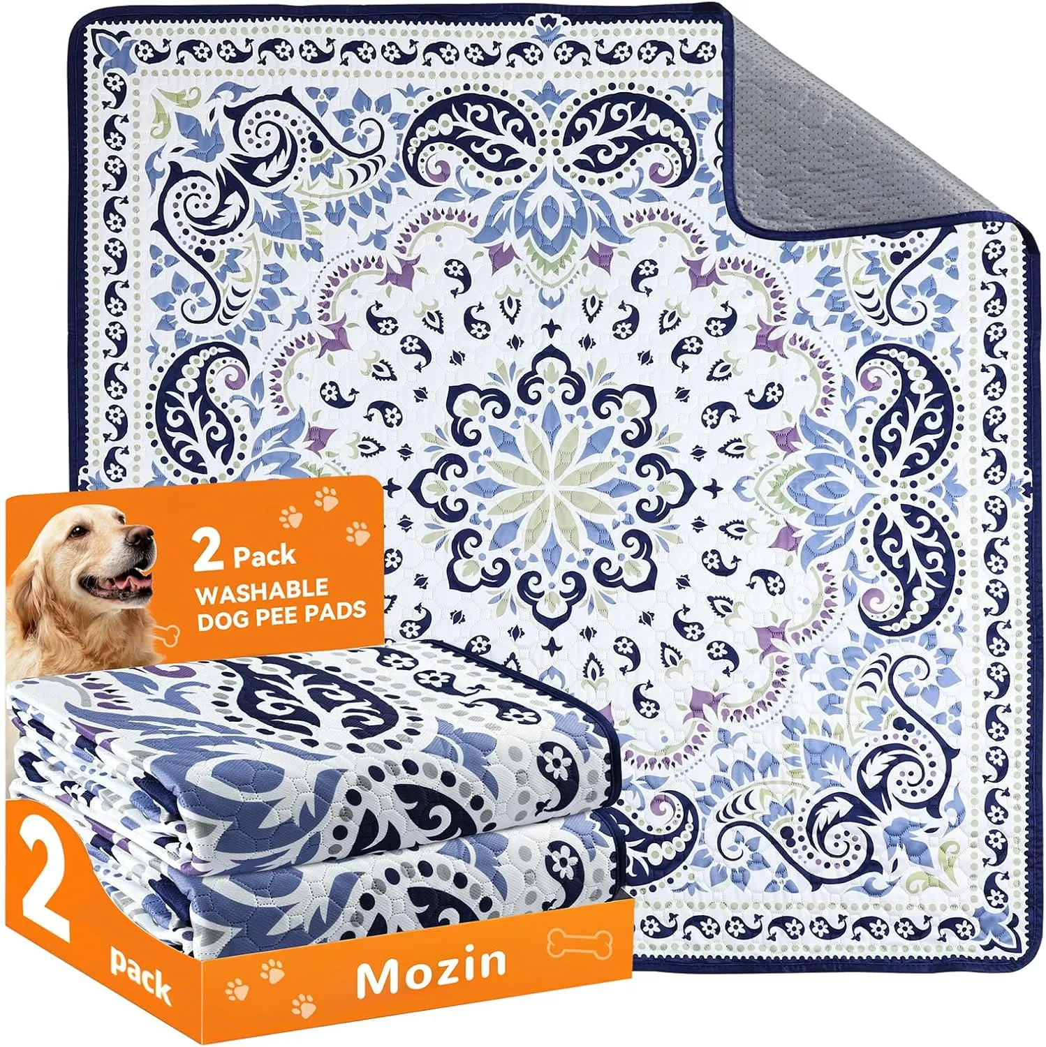 Mozin Washable Pee Pads for Dogs, 2 Pack Super Absorbent Reusable Puppy Pads Waterproof, Leak-Proof & Non-Slip Whelping Pad for Potty Training, Playpens, Crates, Floors, Beds, and Couches 18"x24"