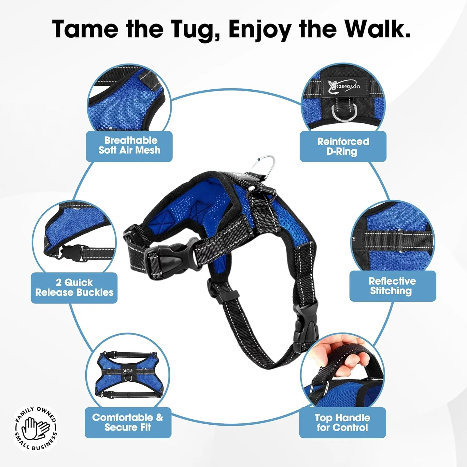 No Pull Reflective Adjustable Dog Harness With Handle- Comfortable Soft All Weather Mesh, Easy On Puppy Harness For Small Medium and Large Dogs (Blue) Medium