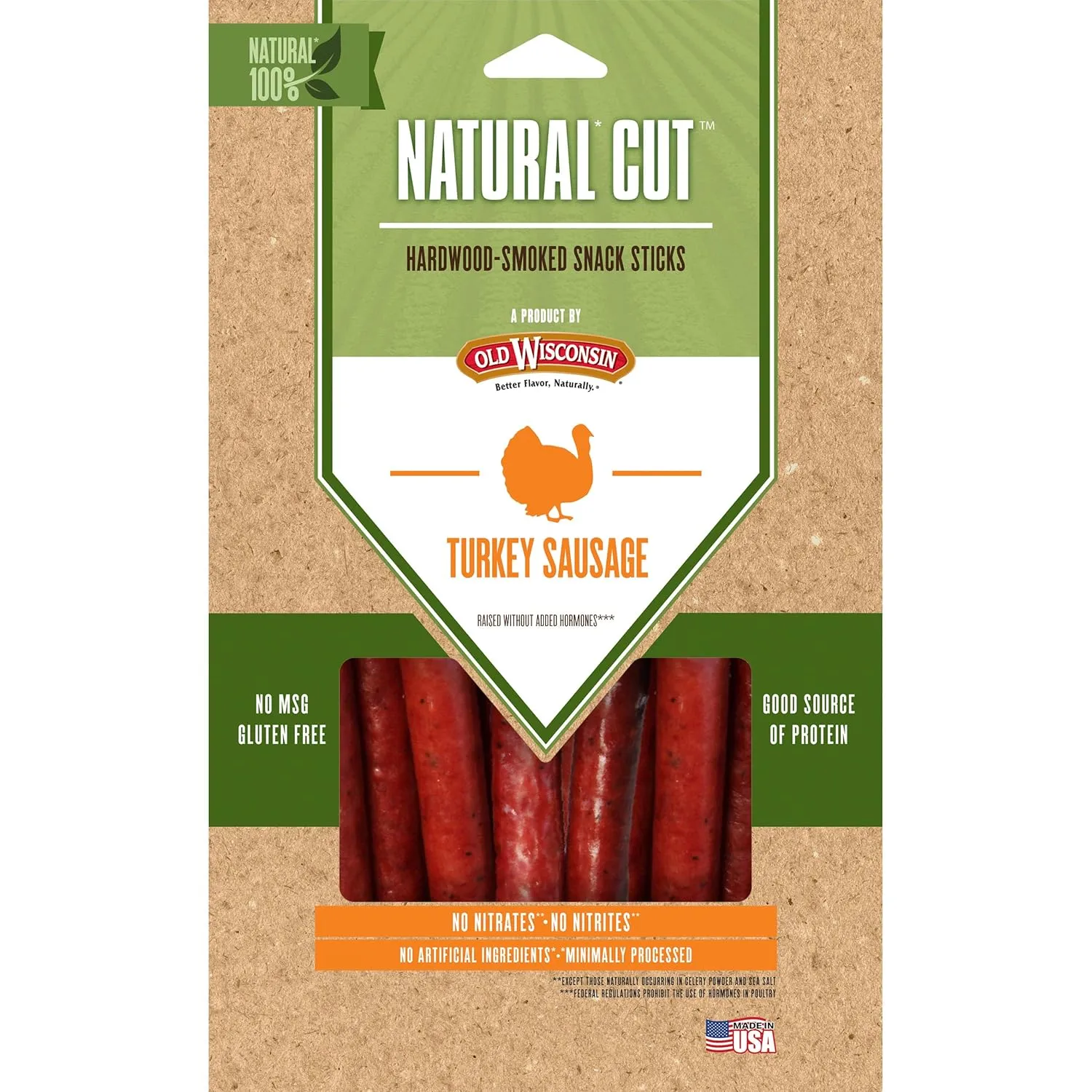 Old Wisconsin Natural Cut Turkey Sausage Snack Sticks, Naturally Smoked, Ready to Eat, High Protein, Low Carb, Keto, Gluten Free, No Preservatives or Nitrates, 6 Ounce