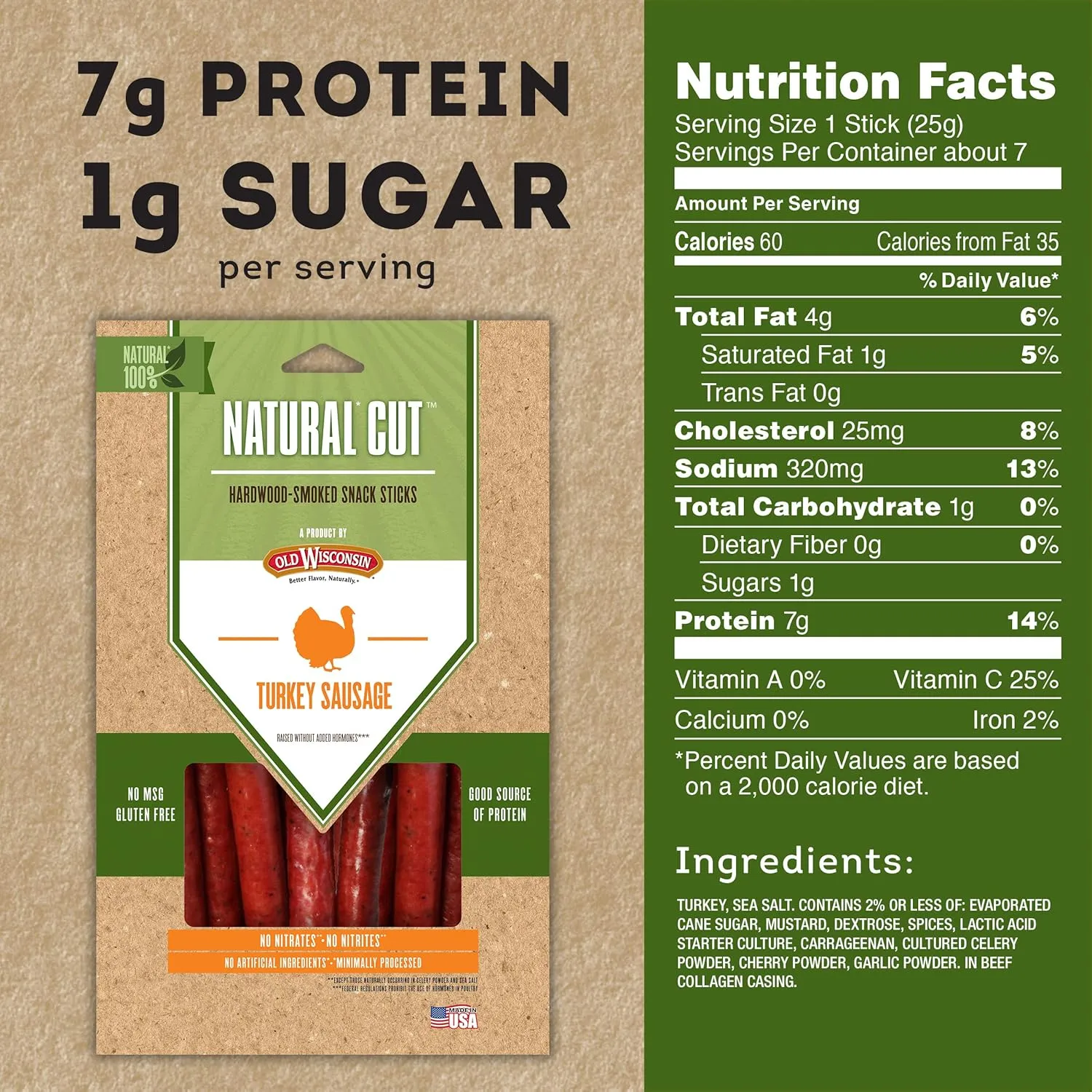 Old Wisconsin Natural Cut Turkey Sausage Snack Sticks, Naturally Smoked, Ready to Eat, High Protein, Low Carb, Keto, Gluten Free, No Preservatives or Nitrates, 6 Ounce