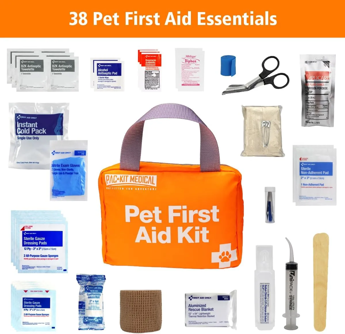 Pac-Kit Pet First Aid Kit for Dogs, Cats, and Other Animals in Soft-Sided Organized Zipper Case, 38 Pieces