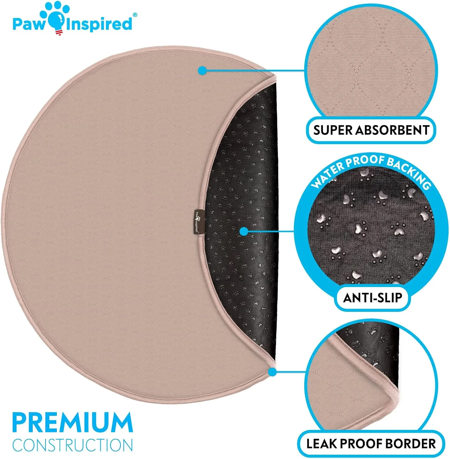 Paw Inspired Round Washable Pee Pads for Dogs (2 Pack) | Reusable Puppy Pads for Potty Training, Whelping, Waterproof Mat | Leakproof, Non-Slip Liners (29" Size, Pack of 2)