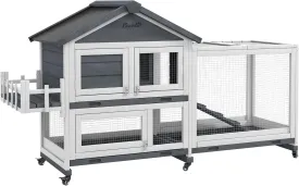 PawHut 65" Wooden Rabbit Hutch, Guinea Pig Hutch, Pet Playpen with Openable Roof, Bunny House Enclosure with Wheels, Storage Box, Slide-Out Tray, Ramp for Small Animals, Gray