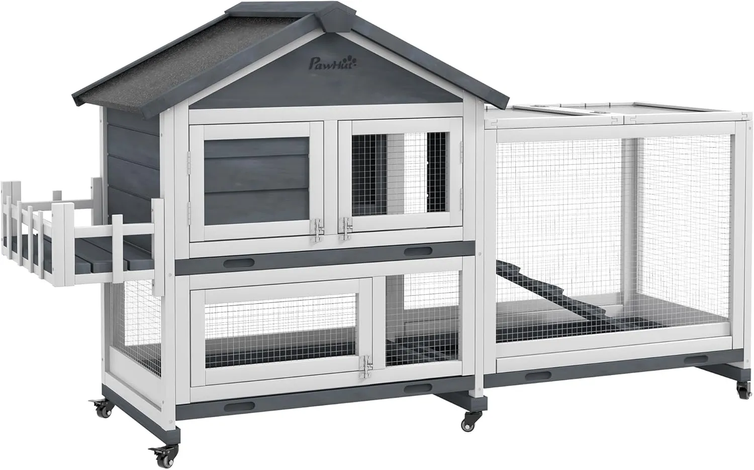 PawHut 65" Wooden Rabbit Hutch, Guinea Pig Hutch, Pet Playpen with Openable Roof, Bunny House Enclosure with Wheels, Storage Box, Slide-Out Tray, Ramp for Small Animals, Gray