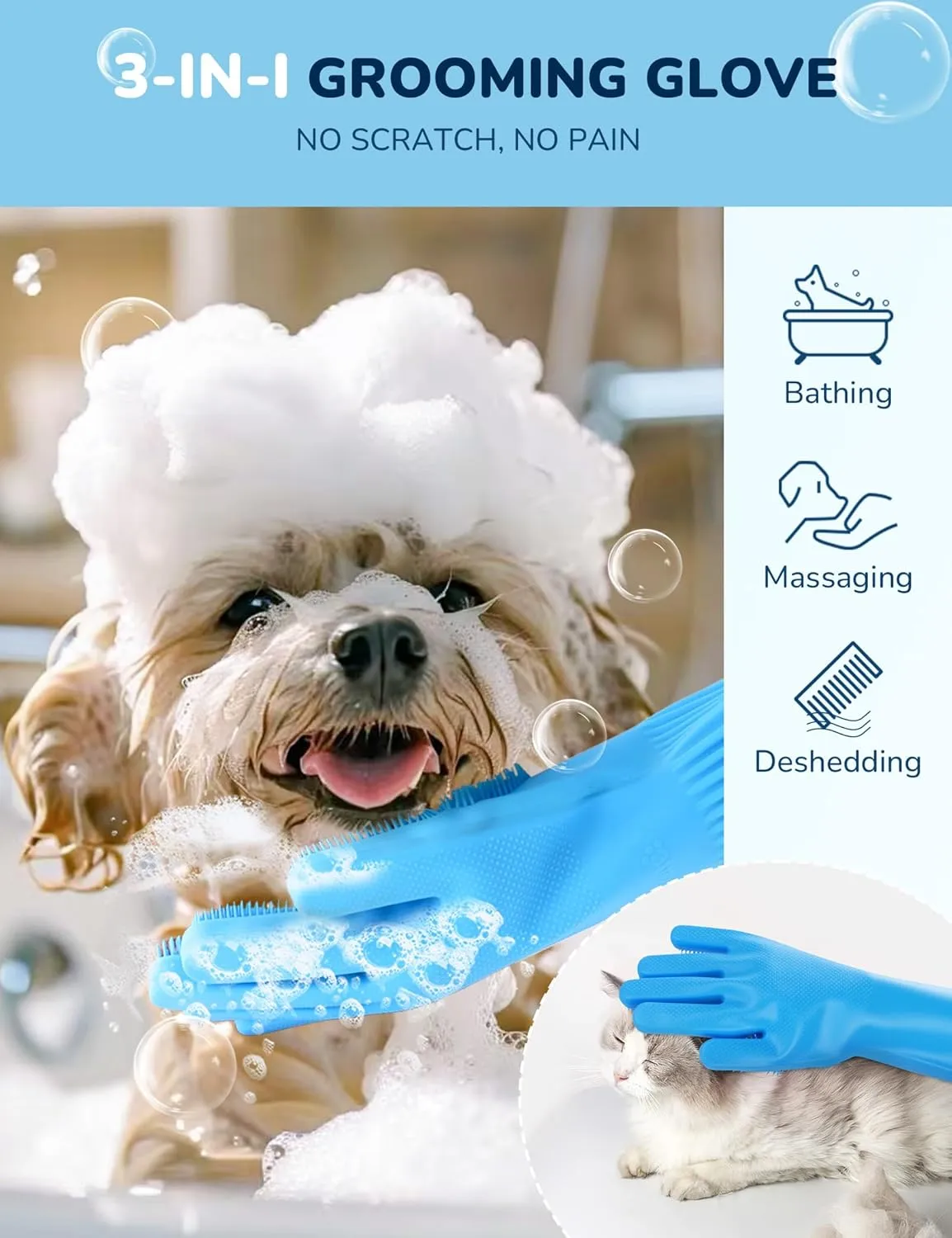 Pecute Extended Pet Grooming Gloves, Heat Resistant Cat Bathing Gloves with High-Density Teeth, Silicone Dog Bathing Gloves with Enhanced Five Finger Design, for Washing, Bathing, and Massaging