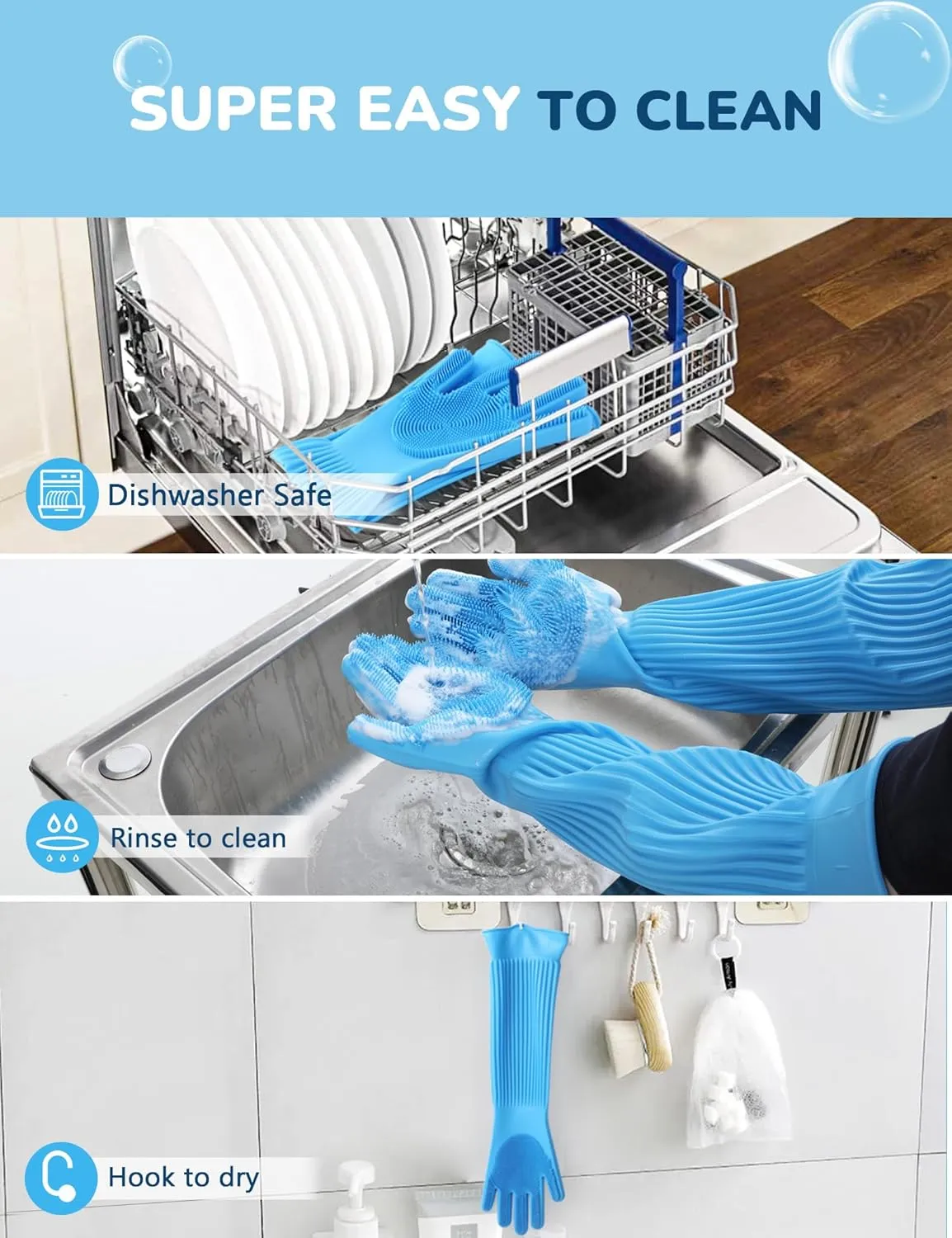 Pecute Extended Pet Grooming Gloves, Heat Resistant Cat Bathing Gloves with High-Density Teeth, Silicone Dog Bathing Gloves with Enhanced Five Finger Design, for Washing, Bathing, and Massaging