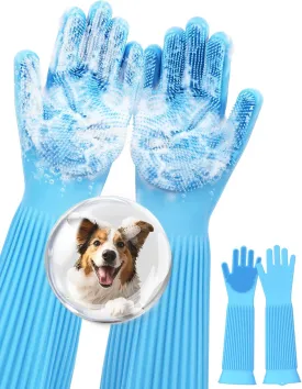 Pecute Extended Pet Grooming Gloves, Heat Resistant Cat Bathing Gloves with High-Density Teeth, Silicone Dog Bathing Gloves with Enhanced Five Finger Design, for Washing, Bathing, and Massaging
