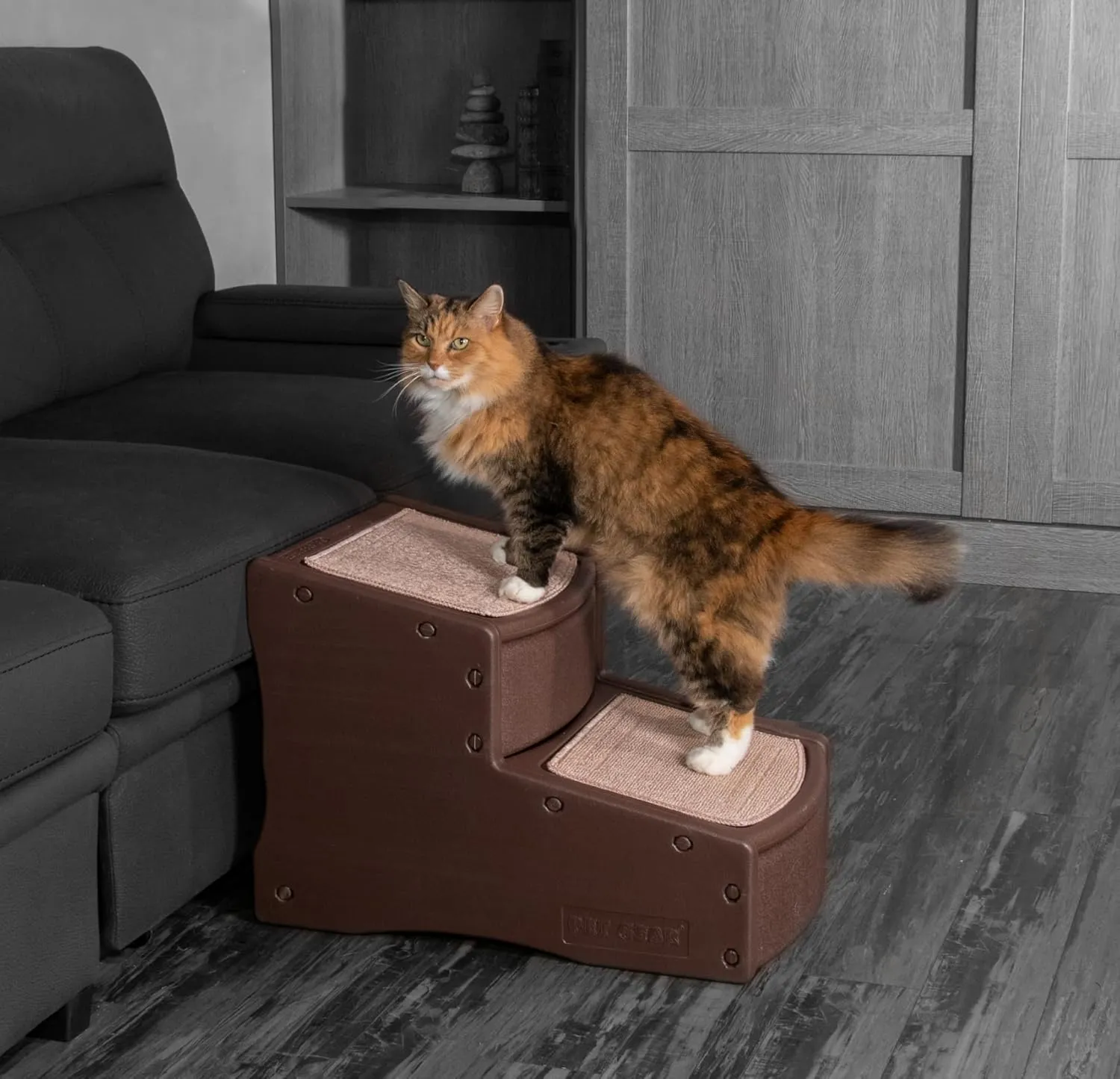 Pet Gear Easy Step II Pet Stairs, 2 Step for Cats/Dogs up to 150 Pounds, Portable, Removable Washable Carpet Tread, No Tools Required, Espresso