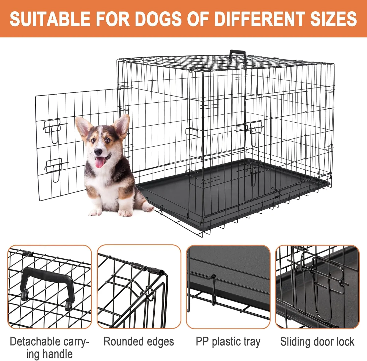 Pet Republic Dog Crates for Large Dogs Folding Metal Wire Dog Gage Double Door 30/36/42Inches Dog Kennel Indoor Outdoor Pet Grates