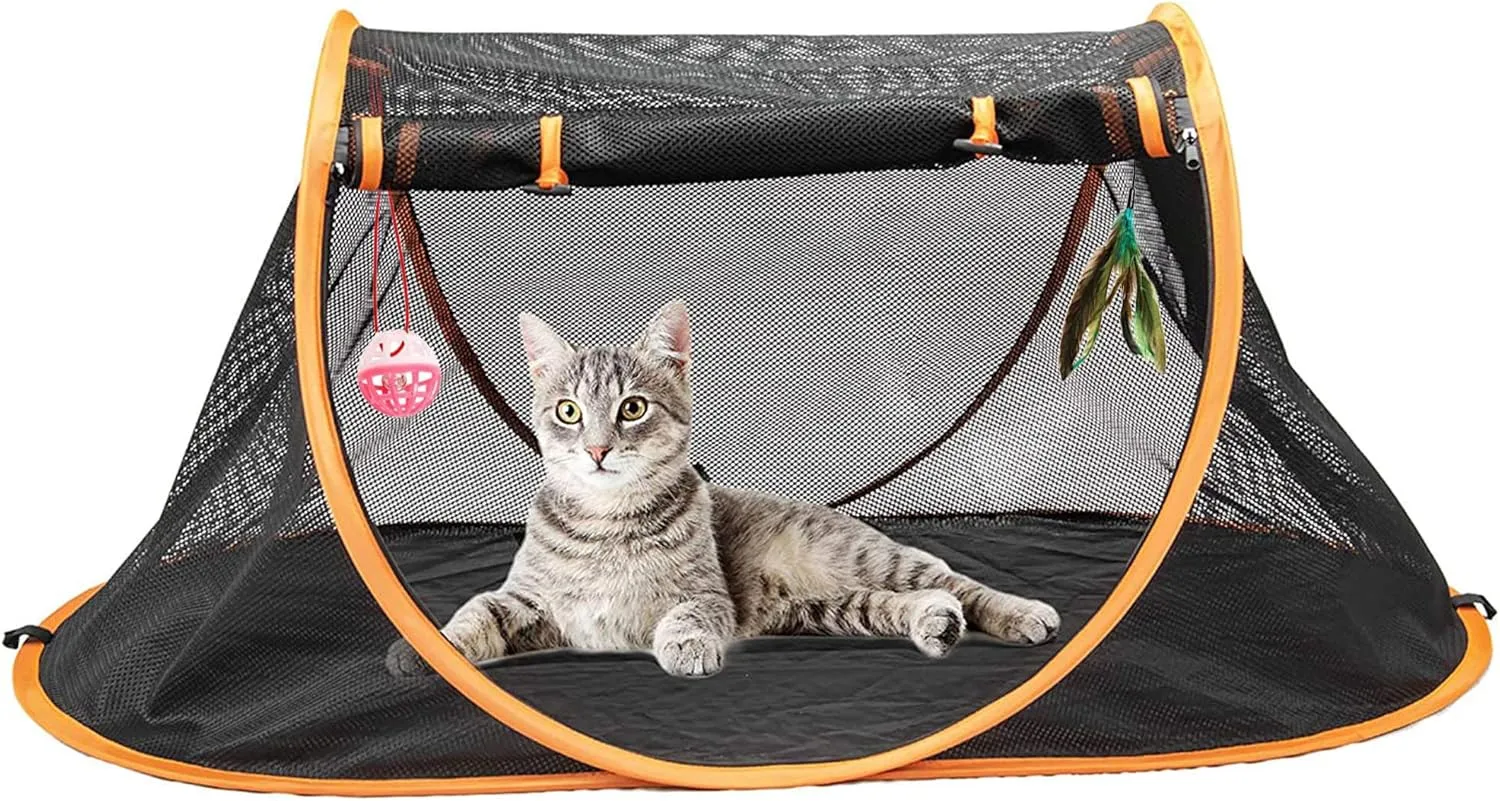 Portable Cat Mesh Tent Pet Cage,Pop Up Crate,Foldable Kennel,Indoor,Outdoor,Comfy Puppy House-Washable Fabric for Small Animals with 2 Cat Toys, Carry Bag & 2 Stakes