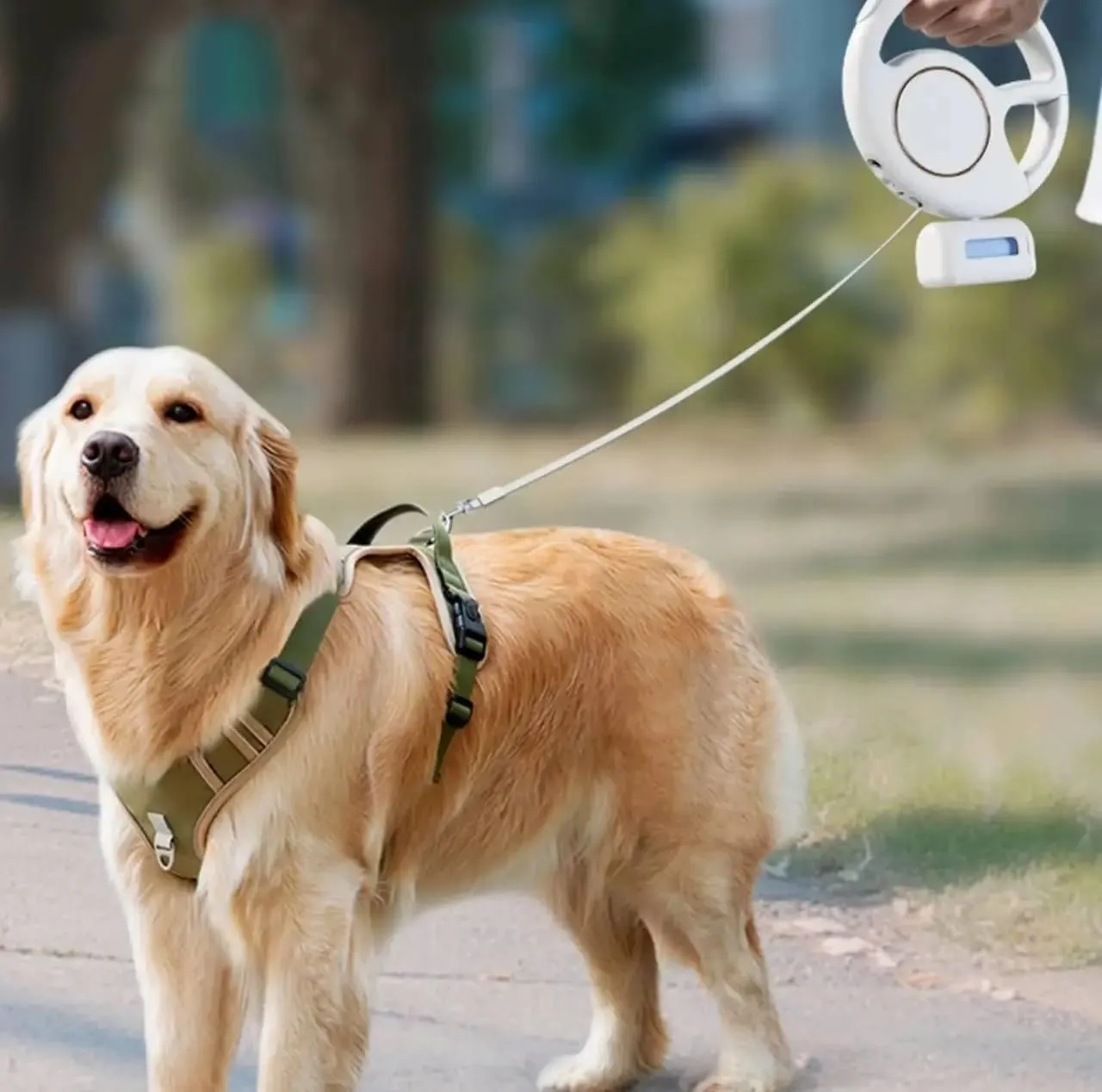 Retractable Dog Leash 10ft/3M - Rechargeable Pet Leash with LED Flashlight One-Handed Brake Ring Buckle Locker & Poop Bag Dispenser - Small & Medium Dogs | Color White