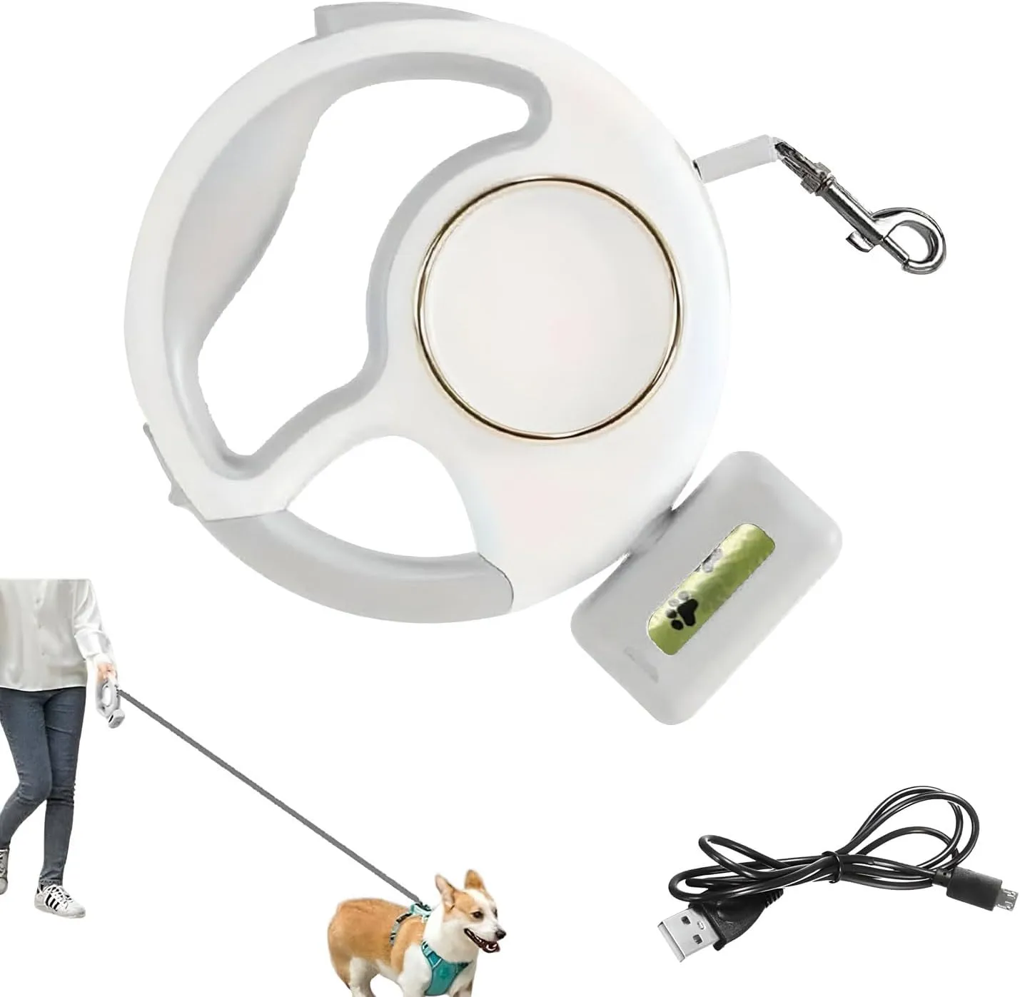 Retractable Dog Leash 10ft/3M - Rechargeable Pet Leash with LED Flashlight One-Handed Brake Ring Buckle Locker & Poop Bag Dispenser - Small & Medium Dogs | Color White