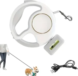 Retractable Dog Leash 10ft/3M - Rechargeable Pet Leash with LED Flashlight One-Handed Brake Ring Buckle Locker & Poop Bag Dispenser - Small & Medium Dogs | Color White