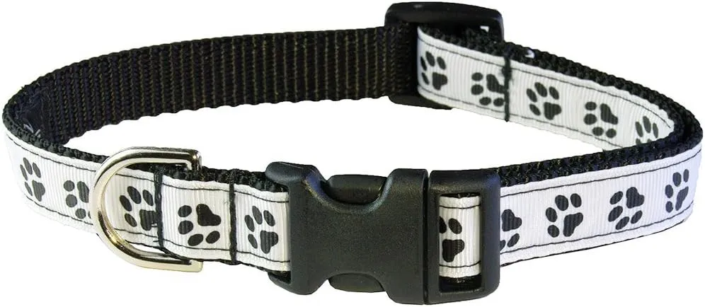 Small Black/Wht. Puppy Paws Dog Collar: 5/8" Wide, Adjusts 10-14" - Made in USA.