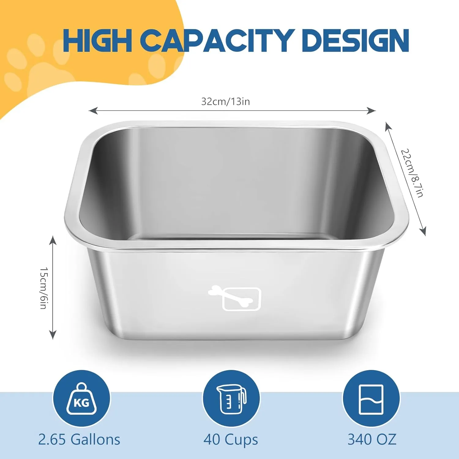 Stainless Steel Dog Bowls for Large Dogs, 2.65 Gallon High Capacity Dog Food and Water Bowl for All Breeds, Metal Pet Food Bowls for X-Large Dogs Indoors and Outdoors, Silver